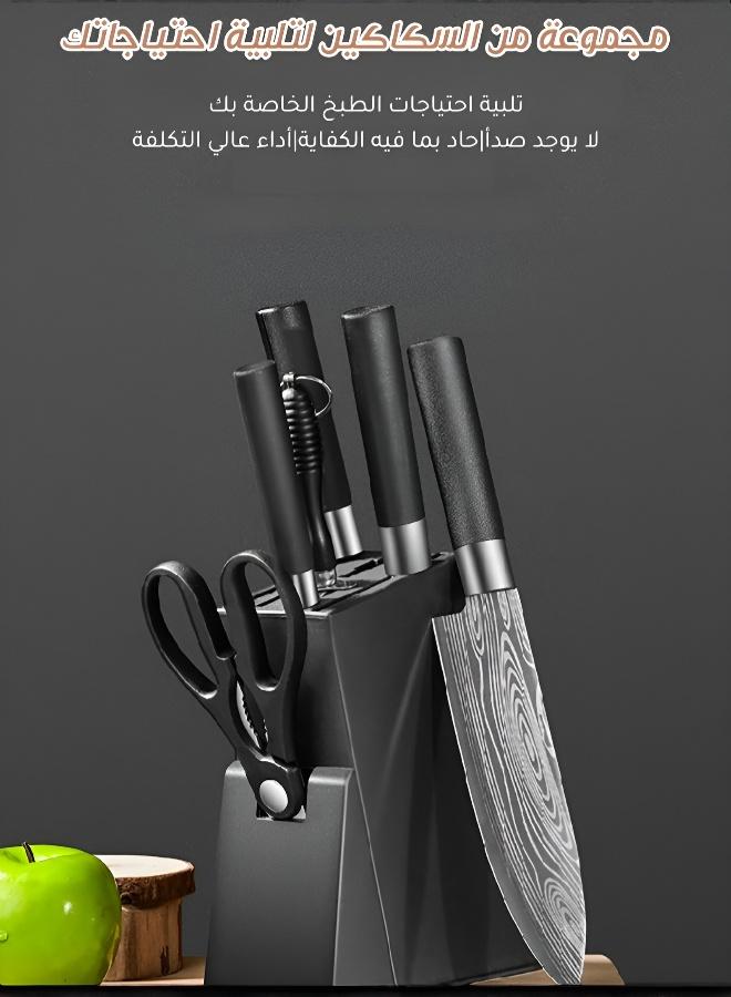 【رمضان كريم】مجموعة أدوات مائدة سميكة من خمس قطع مع حامل، تتكون من سكين سميك لتقطيع العظام، وسكين سميك للتقطيع، وسكين طاهي حاد، ومقص مطبخ، وقضيب شحذ. الشفرات ناعمة وخالية من النتوءات، بينما توفر المقابض ذات اللمسة النهائية الساتانية قبضة مريحة ومقاومة للانزلاق. مناسبة للمطبخ والأماكن المماثلة. - Image 3